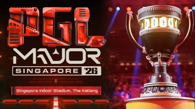 Трофей и баннер PGL Major Singapore 2026 на арене Singapore Indoor Stadium